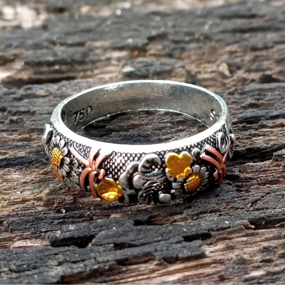 Vintage S925 750 Sterling Silver Rose Gold Carved Dragonfly Sunflower Ring - Picture 13 of 16